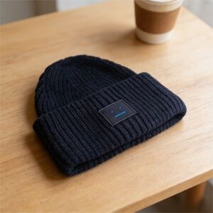 Acne Black Ribbed Knit Beanie with Minimal Face Patch